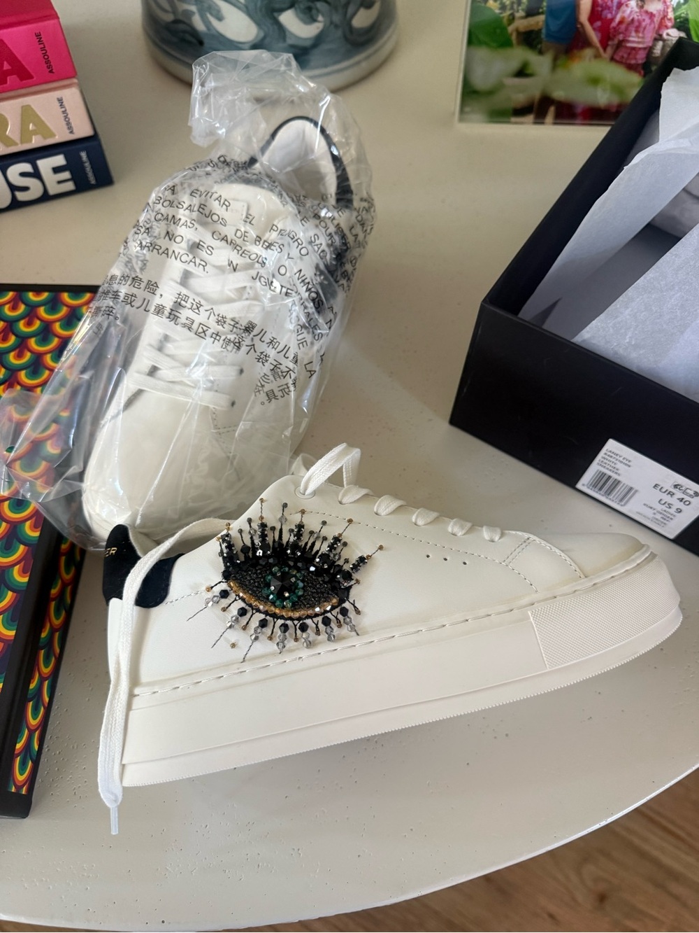 Kurt Geiger White Leather Sneaker with Black & Green Beaded Eye NIB